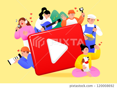 Media content creator illustration with YouTube creators around the YouTube logo 120008692
