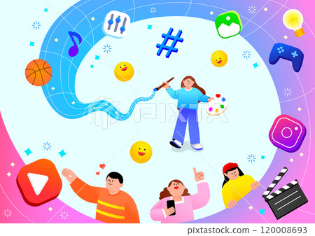 Media content creator illustration of a woman drawing a picture with various art-related icons and emoticons around her 120008693