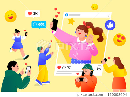 Media content creator illustration of a woman saying hello on social media and people around her holding their cell phones and pressing like buttons Media content creator illustration of a woman saying hello on social media and people around her holding their cell phones and pressing like buttons 120008694