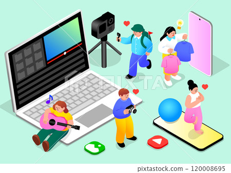 Media content creator illustration featuring people creating various content 120008695