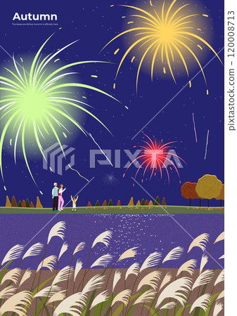 A family enjoying a fireworks festival in a reed forest on an autumn night A family enjoying a fireworks festival in a reed forest on an autumn night 120008713