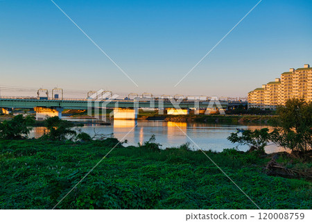 Noborito: Odakyu Line trains shining in the setting sun as seen from the Tama River bank 120008759