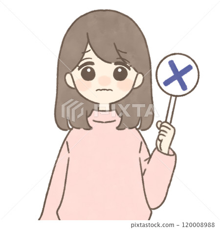 A woman with a troubled face holding a sign with an X mark 120008988