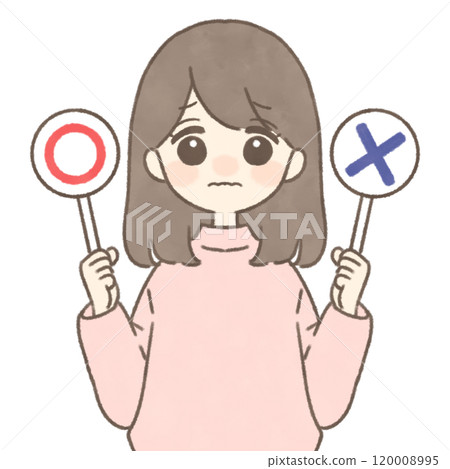 拿著帶有 〇 和 × 標記的標籤的一臉困惑的女人 拿著帶有 〇 和 × 標記的標籤的一臉困惑的女人 120008995