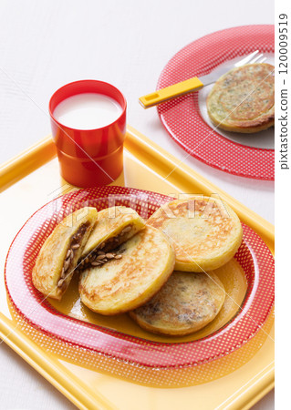 Cutely plated hotteok with milk on a yellow tray Cutely plated hotteok with milk on a yellow tray 120009519