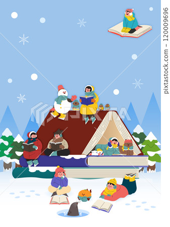Winter vacation reading camp poster with people sitting on big books in the snow Winter vacation reading camp poster with people sitting on big books in the snow 120009696