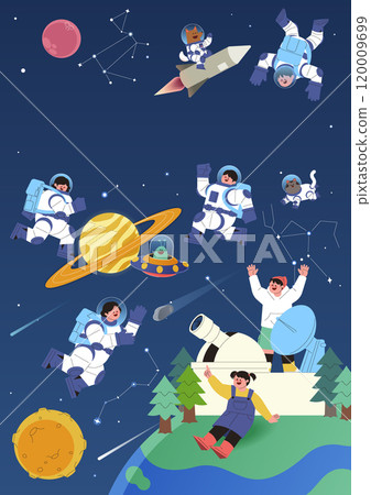 Winter vacation space science camp poster with people in space suits floating in space 120009699