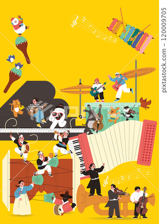Winter vacation music class poster with people and animals playing various instruments 120009705