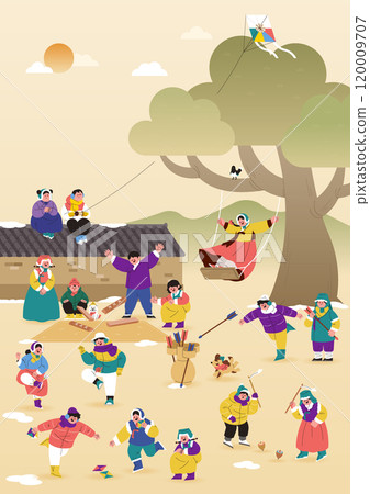 Winter vacation folk play experience poster where people wearing winter hanbok enjoy folk games 120009707
