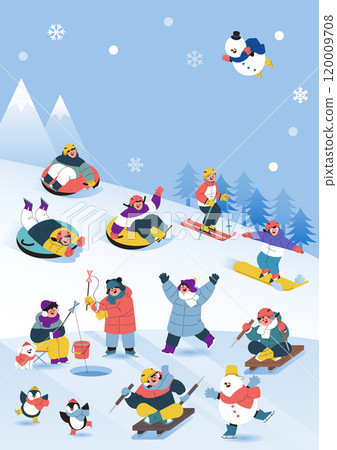Snowflake Festival poster showing people enjoying winter sports on a snowy mountain Snowflake Festival poster showing people enjoying winter sports on a snowy mountain 120009708