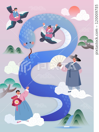 New Year's illustration showing people wearing hanbok, riding on clouds with magpies, and a large snake 120009785