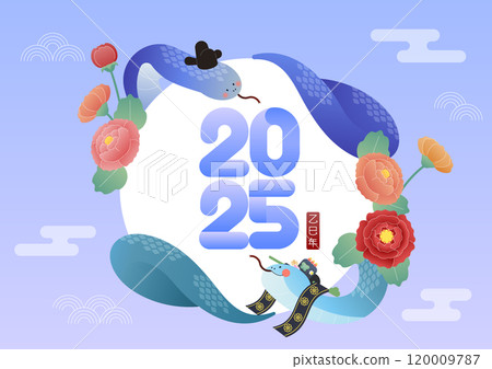 New Year's illustration showing two snakes wearing samosa and headbands 120009787