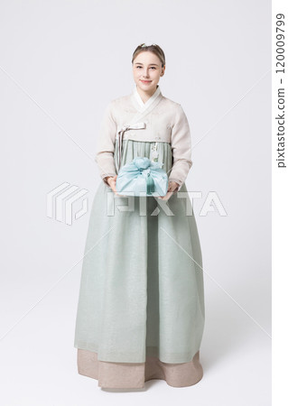 Western woman wearing Hanbok and holding a gift wrapped in Korean style 120009799