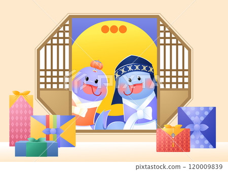 A scene where a snake character wearing a hanbok appears outside the window. 120009839