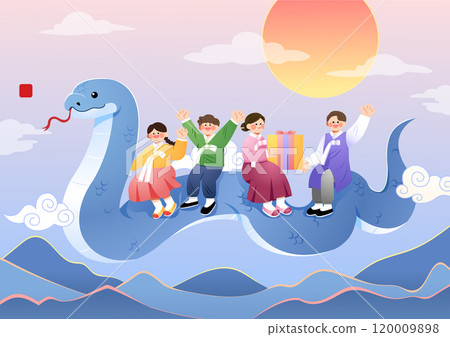 Korean traditional scenery and people wearing hanbok riding on snakes 120009898