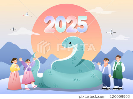 Snake character, Korean traditional scenery, and people in hanbok 120009903