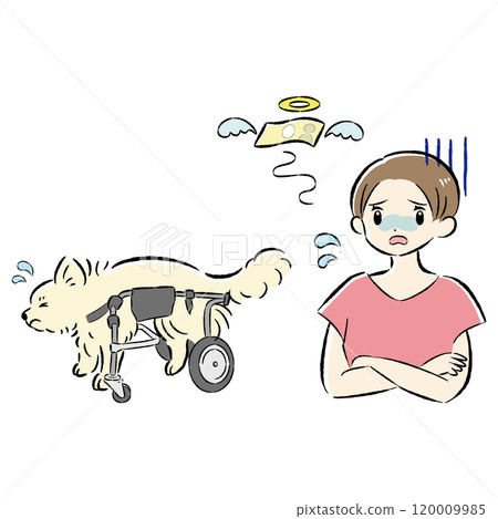 一隻坐在狗輪椅上的狗和一位憂心忡忡的女主人的插圖集 一隻坐在狗輪椅上的狗和一位憂心忡忡的女主人的插圖集 120009985