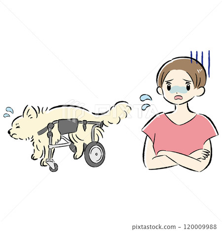 一隻坐在狗輪椅上的狗和一位憂心忡忡的女主人的插圖集 120009988
