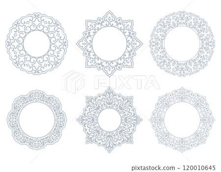 Set of decorative frames Elegant vector element for design in Eastern style, place for text. Floral gray and white borders. Lace illustration for invitations and greeting cards Set of decorative frames Elegant vector element for design in Eastern style, place for text. Floral gray and white borders. Lace illustration for invitations and greeting cards 120010645
