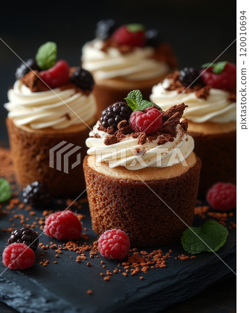 Delicate mini desserts with berries, mini cakes, black background Delicate mini desserts with berries, mini cakes, black background 120010694