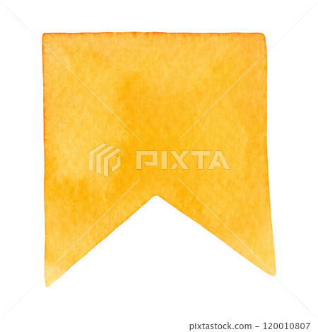 Yellow small flag symbol of carnival and party. Hand drawn watercolor holiday illustration of paper pennant decorative element. Isolated drawing for festive designs. Yellow small flag symbol of carnival and party. Hand drawn watercolor holiday illustration of paper pennant decorative element. Isolated drawing for festive designs. 120010807