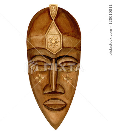 African wooden mask of male face with gold tribal ornament. Hand drawn watercolor Kwanzaa holiday illustration of traditional handcraft. Isolated drawing for African-American cultural festive designs. 120010811