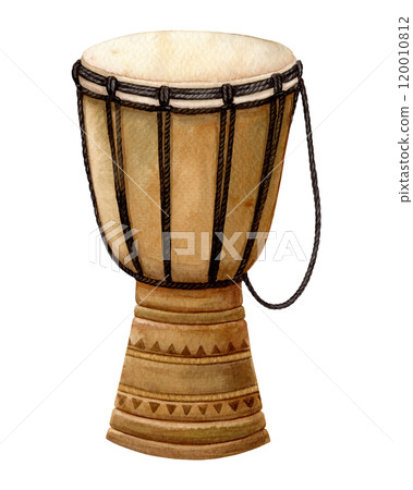African drum wooden brown with gold tribal ornament. Hand drawn watercolor Kwanzaa holiday illustration of traditional djembe. Isolated drawing for African-American cultural festive designs. 120010812