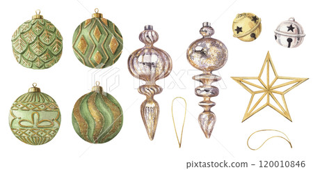 Christmas tree ornament and glass ball set. Hand drawn watercolor winter illustration of star bauble and bell. Seasonal isolated drawing for traditional Xmas graphic and greeting card designs. Christmas tree ornament and glass ball set. Hand drawn watercolor winter illustration of star bauble and bell. Seasonal isolated drawing for traditional Xmas graphic and greeting card designs. 120010846