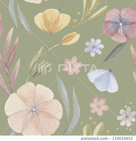 Boho flowers and leaves seamless pattern with branch and twig on the green background. Hand drawn watercolor charming floral illustration in soft pastel colors for baby nursery decor designs. 120010852