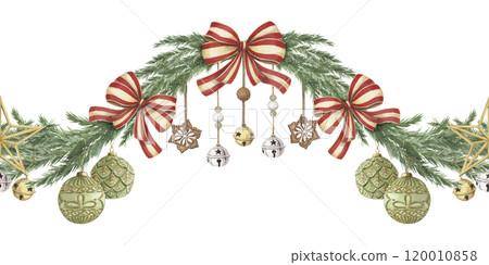 Christmas curve seamless border of pine branch with glass ball and sparkling ornaments. Hand drawn watercolor winter holiday illustration. Isolated drawing for Xmas tradition card designs. 120010858