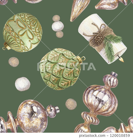 Christmas seamless pattern with sparkling ball and bauble and candle on a green background. Hand drawn watercolor winter holiday illustration. Isolated drawing for Xmas tradition card designs. 120010859