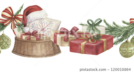 Christmas seamless border of wicker basket with wrapped gifts and glass ornaments. Hand drawn watercolor winter holiday illustration. Isolated drawing for Xmas tradition card designs. Christmas seamless border of wicker basket with wrapped gifts and glass ornaments. Hand drawn watercolor winter holiday illustration. Isolated drawing for Xmas tradition card designs. 120010864