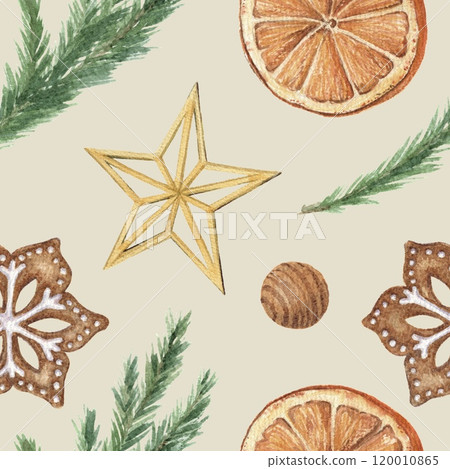 Christmas seamless pattern with snowflake gingerbread and orange slice on green background. Hand drawn watercolor winter holiday illustration. Isolated drawing for Xmas tradition card design. Christmas seamless pattern with snowflake gingerbread and orange slice on green background. Hand drawn watercolor winter holiday illustration. Isolated drawing for Xmas tradition card design. 120010865