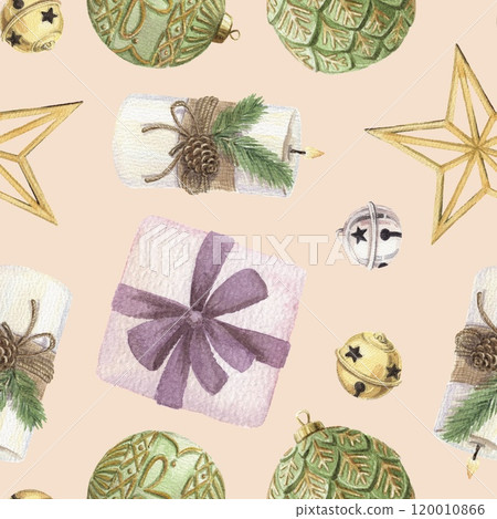 Christmas seamless pattern with ornament glass ball and wrapped gift on a beige background. Hand drawn watercolor winter holiday illustration. Isolated drawing for Xmas tradition card designs. Christmas seamless pattern with ornament glass ball and wrapped gift on a beige background. Hand drawn watercolor winter holiday illustration. Isolated drawing for Xmas tradition card designs. 120010866