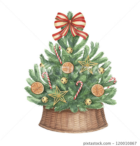 Decorated Christmas tree in wicker basket in rustic style. Hand drawn watercolor winter holiday illustration. Isolated drawing for Xmas graphic and tradition festive decoration card designs. Decorated Christmas tree in wicker basket in rustic style. Hand drawn watercolor winter holiday illustration. Isolated drawing for Xmas graphic and tradition festive decoration card designs. 120010867