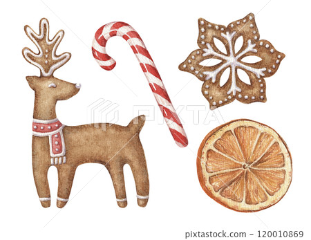 Reindeer and snowflake gingerbread set of Christmas cookies. Hand drawn watercolor winter illustration of candy cane and orange. Isolated drawing for Xmas graphic and tradition card designs. 120010869