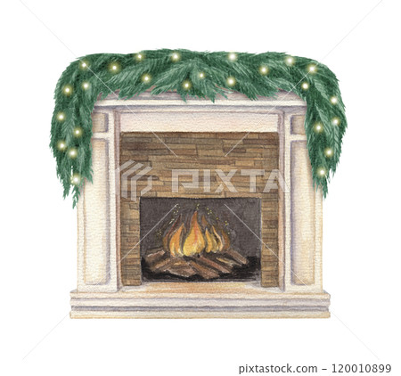 Fireplace decorated with garland for Christmas holiday. Hand drawn watercolor winter illustration of interior furnishing. Isolated drawing for Xmas graphic and tradition festive card designs. Fireplace decorated with garland for Christmas holiday. Hand drawn watercolor winter illustration of interior furnishing. Isolated drawing for Xmas graphic and tradition festive card designs. 120010899