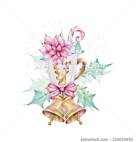 Watercolor Christmas white mug with gold reindeer with openwork snowflake, isolated. Candy cane, christmas jingle golden bells with bow, poinsettia flowers. Template, elements for new year greeting Watercolor Christmas white mug with gold reindeer with openwork snowflake, isolated. Candy cane, christmas jingle golden bells with bow, poinsettia flowers. Template, elements for new year greeting 120010950