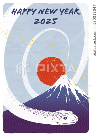 New Year's card template for the Year of the Snake: Snake, Mt. Fuji, and sunrise New Year's card template for the Year of the Snake: Snake, Mt. Fuji, and sunrise 120011047