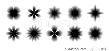 Black smooth blurred gradient form set. Grunge blurry aura shape collection. Fading abstract elements for poster, template, badge, sticker, collage. Defocused flowers, sparkles and stars pack. Vector 120011081