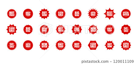 Starburst price. Set of circles with sharp and waves edge. Simple flat style Vector labels. Red Sale and discount stickers Starburst price. Set of circles with sharp and waves edge. Simple flat style Vector labels. Red Sale and discount stickers 120011109