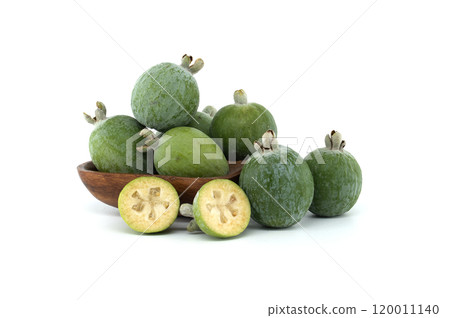 Fresh Feijoa Fruits in Wooden Bowl on White Background 120011140