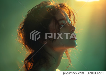 令人印象深刻的女人的側面，綠色背景 120011279