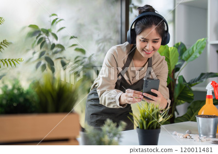 Young Woman Creating a Cozy Indoor Garden with Houseplants in a Modern Room Setting Young Woman Creating a Cozy Indoor Garden with Houseplants in a Modern Room Setting 120011481