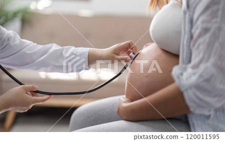 Pregnant Woman Receiving Prenatal Checkup from Doctor with Stethoscope in Modern Medical Clinic Pregnant Woman Receiving Prenatal Checkup from Doctor with Stethoscope in Modern Medical Clinic 120011595