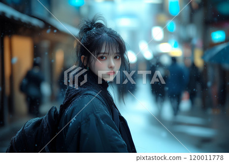 一位女士想早點回家，因為下雪了。一個女孩回頭望去。 120011778