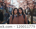 兩位女性朋友在一排櫻花樹下拍紀念照 120011779