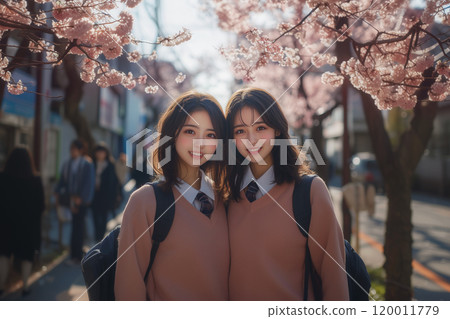 兩位女性朋友在一排櫻花樹下拍紀念照 120011779