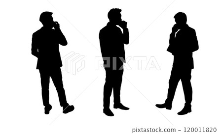 Three silhouettes of businessmen stand in a row, each engrossed in a phone conversation concept of mobile technology in contemporary business, highlighting how smartphones have become essential tools Three silhouettes of businessmen stand in a row, each engrossed in a phone conversation concept of mobile technology in contemporary business, highlighting how smartphones have become essential tools 120011820