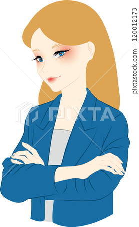 一位身穿深藍色西裝的金髮女郎雙臂交叉 120012173
